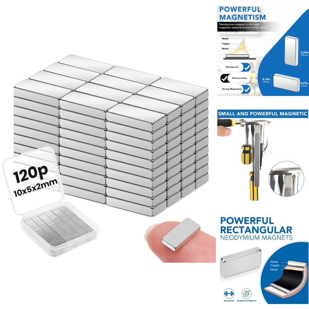 120Pcs Small Neodymium Bar Magnets 10x5x2mm for Crafts, Whiteboards, Fridges