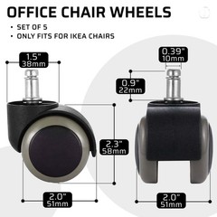 Set of 5 2″ Heavy Duty Castor Wheels, Office Chair Caster Wheels for IKEA Chair