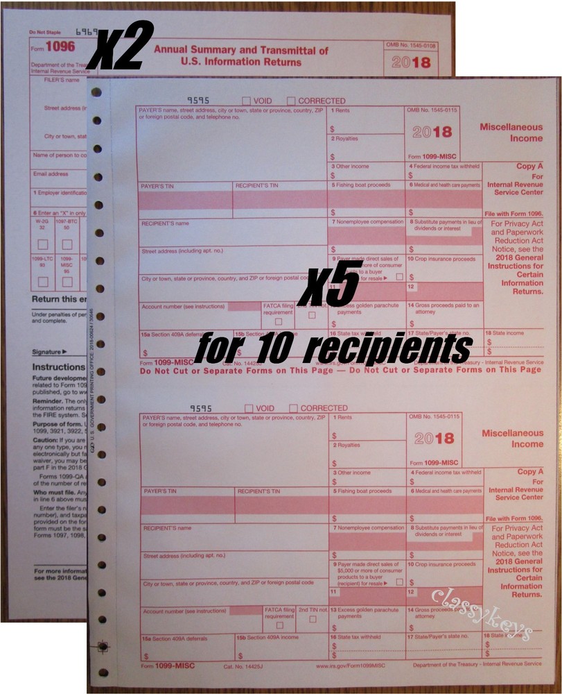 2018 IRS Tax Form 1099-MISC Carbonless for 10 recipients + (2) 1096 — NO Env