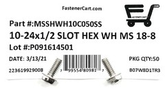 (50) 10-24×1/2 Stainless Steel Slotted Hex Washer Head Machine Screws 18-8