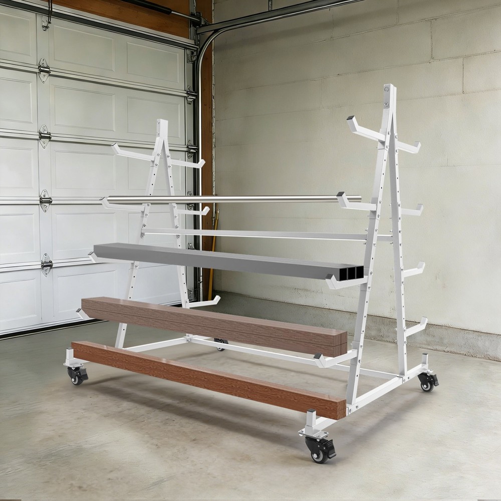 5-Tier Horizontal Material Rack, White Iron Pipe & Lumber Storage with 4 Wheels