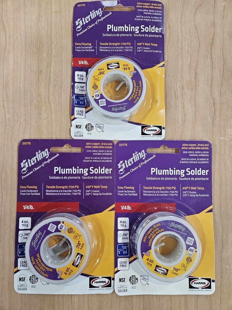Lot of 3 Harris Sterling Plumbing Solder Lead Free 4 oz Spools .118″ 331775