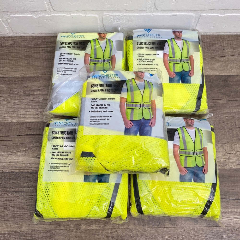 Lot of 5 West Chester Hi-Visibility Construction Safety Vests One Size Fits Most