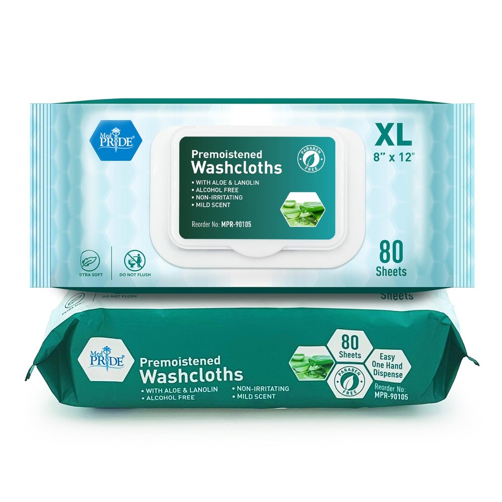 MED PRIDE Disposable XL Premoistened Washcloths 8” x 12” 80 Count (Pack of 1)