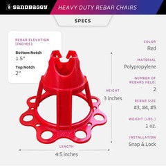 Sandbaggy Plastic Rebar Chair – Elevates Rebar 1 ½” or 2″ – Rebar #3 to #5 (Red)