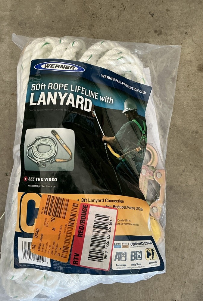 Werner L242050W 50ft Fall Protection Rope Lifeline With Lanyard ANSI & OSHA NEW