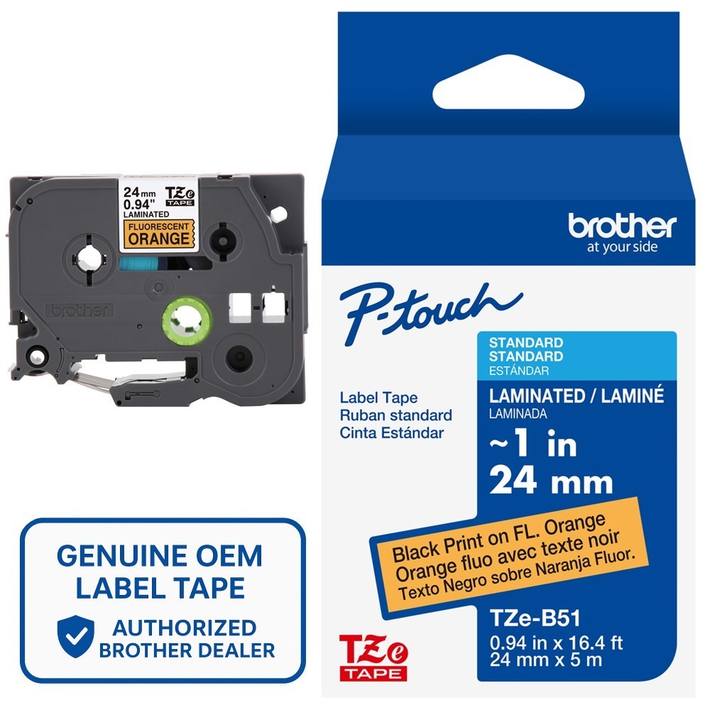 Genuine Brother TZe-B51 Black on Fluorescent Orange 24mm 1″ P-Touch Label Tape