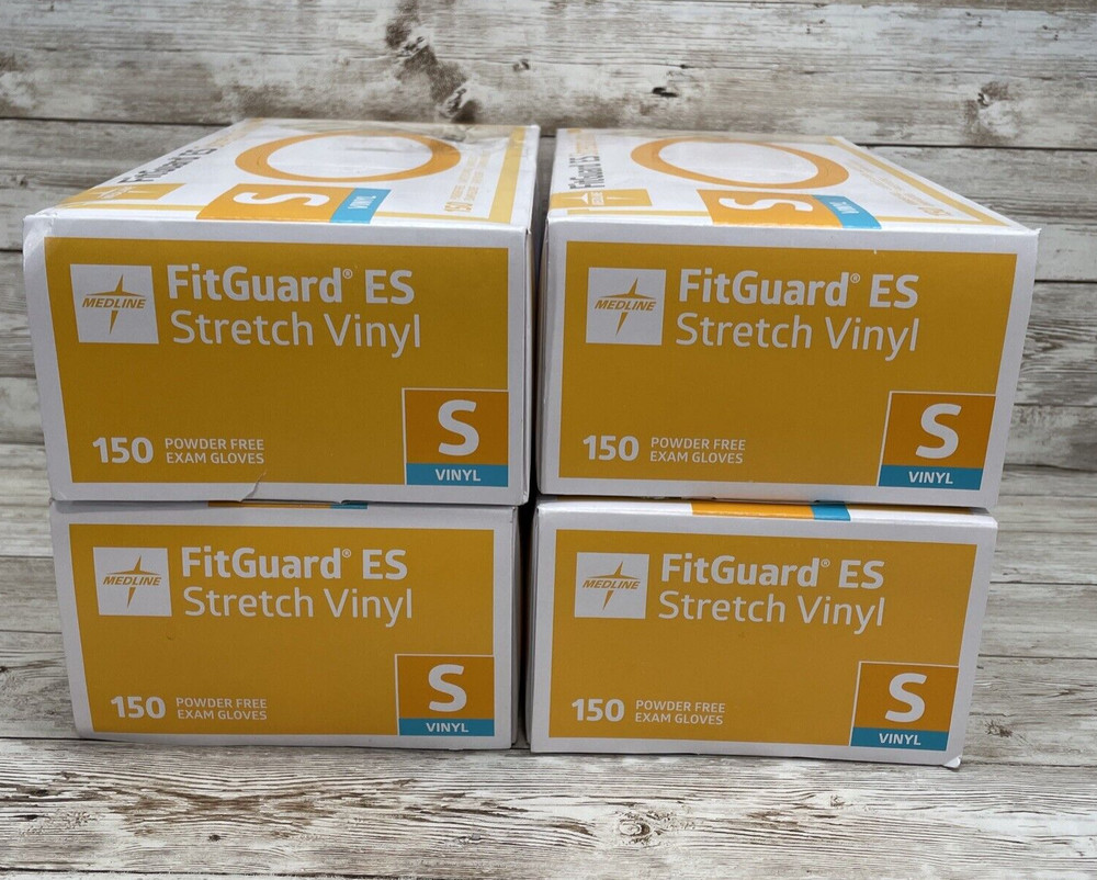 4 *DENTED* Boxes MEDLINE FITGUARD ES Stretch Vinyl Exam Gloves Size: Small 600ct
