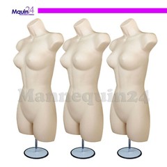 3 Pack Mannequin Torso Dress Forms with 3 Stands & 3 Hangers Flesh Female Body