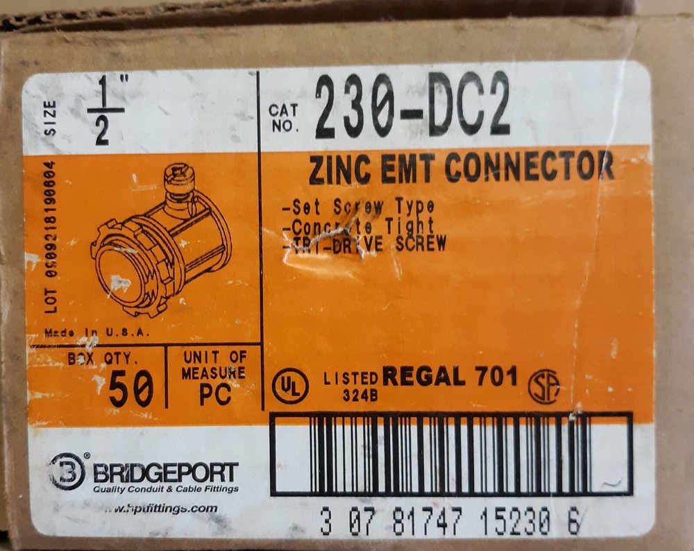 Bridgeport 230-DC2 EMT 1/2″ (X40) Diecast Zinc Set/Screw Connectors