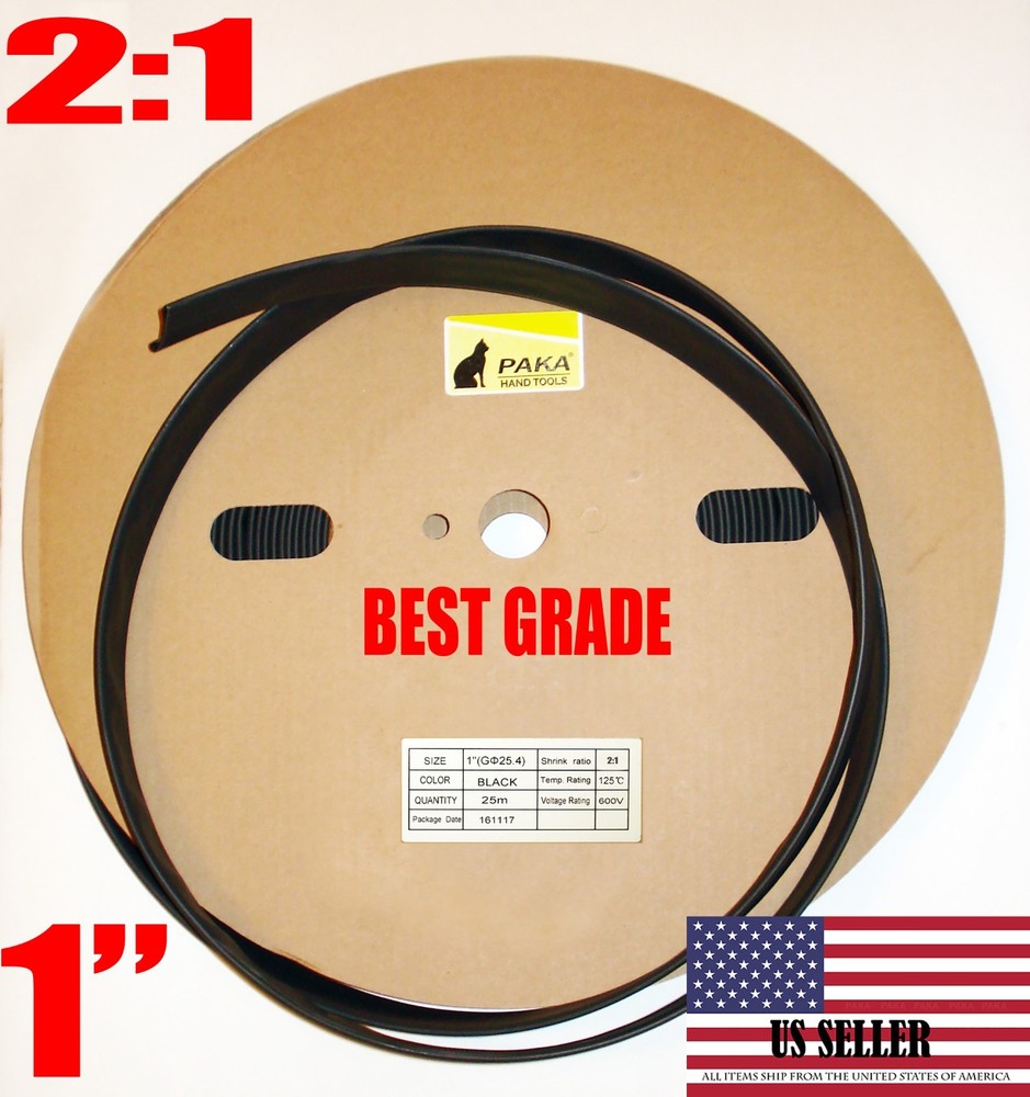 50 Feet 50′ BLACK 1″ INCH (25 mm) Polyolefin 2:1 Heat Shrink Tubing