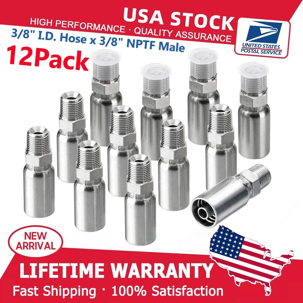 12 Pack 3/8″ I.D. Hose x 3/8″ NPTF Male Hydraulic Hose End Crimp Fittings A+++