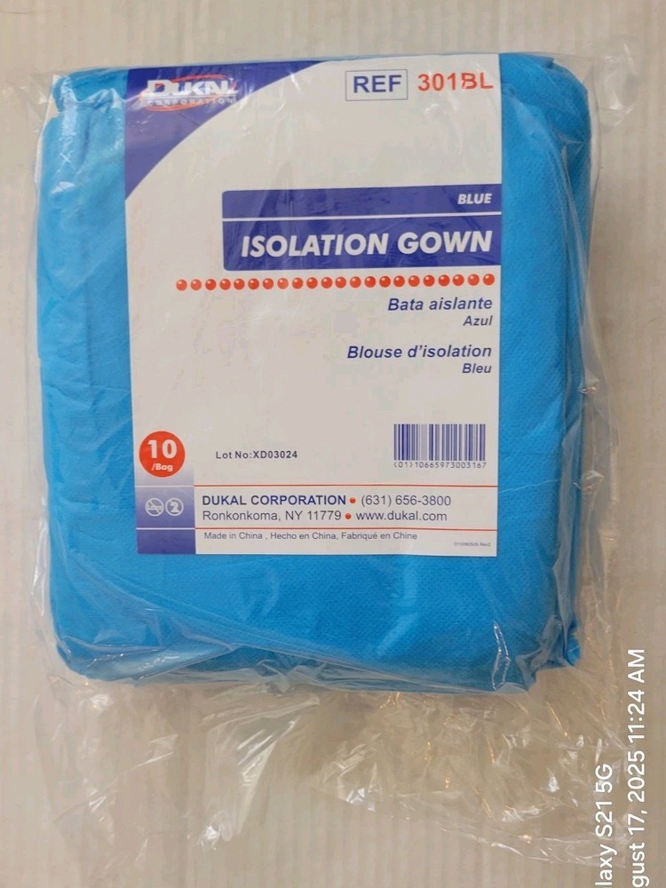 Dukal Isolation Gown-301BL-Pack of 10-Non-Sterile-Blue-One Size-New