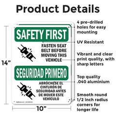 (2 Pack) Fasten Belt Moving Vehicle Bilingual OSHA Safety First Sign Decal Metal