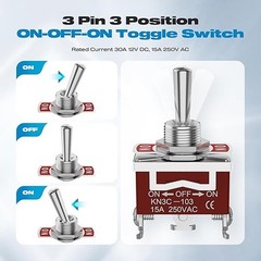 3 Way Toggle Switch, ON-Off-ON 3 Pin 3 Position SPDT Marine DC12V 30A Heavy Duty
