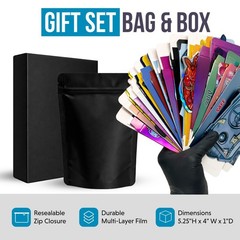 25 Pack 3.5g Mylar Bags with Matching Boxes Assorted Designs Foil Zip Pouches