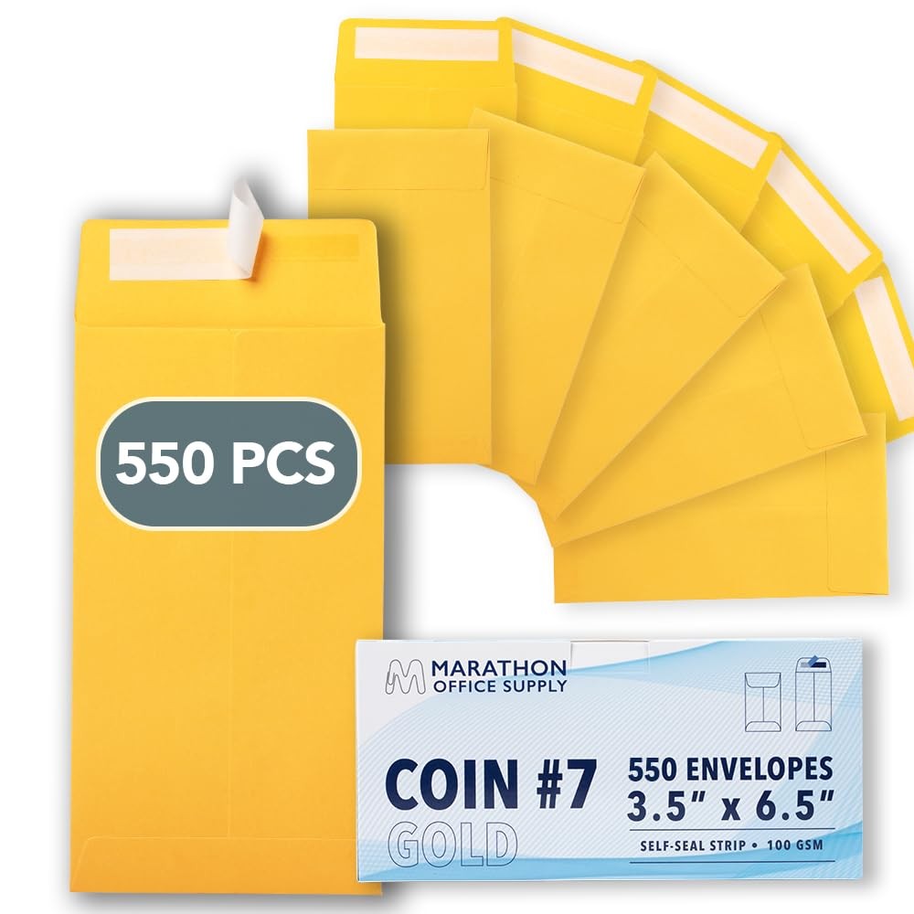 MOS 7 Gold Coin Envelopes 3.5 x 6.5 Inch 550 Pack — Self-Seal Yellow Money En…