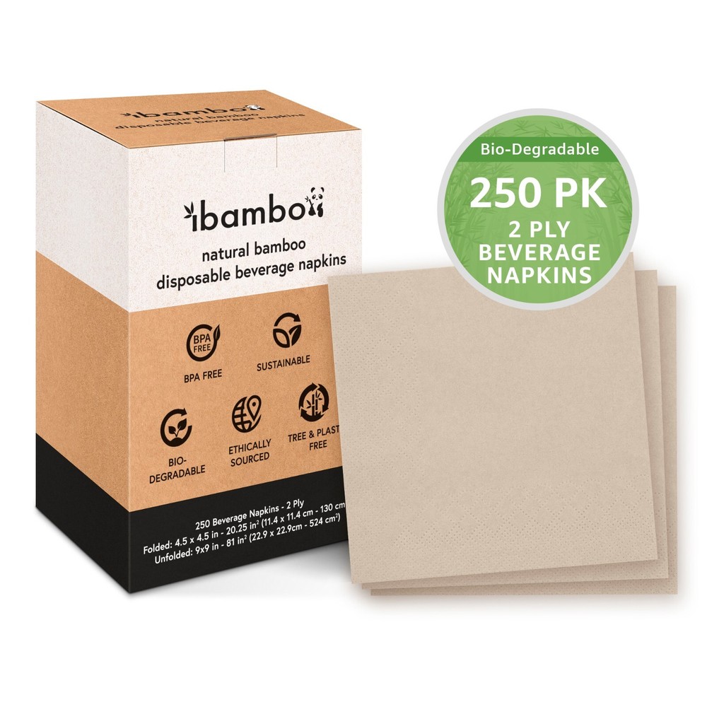 Ibambo Bamboo Cocktail Napkins – 250 Pack, 2-Ply, Ecofriendly Beverage Napkins