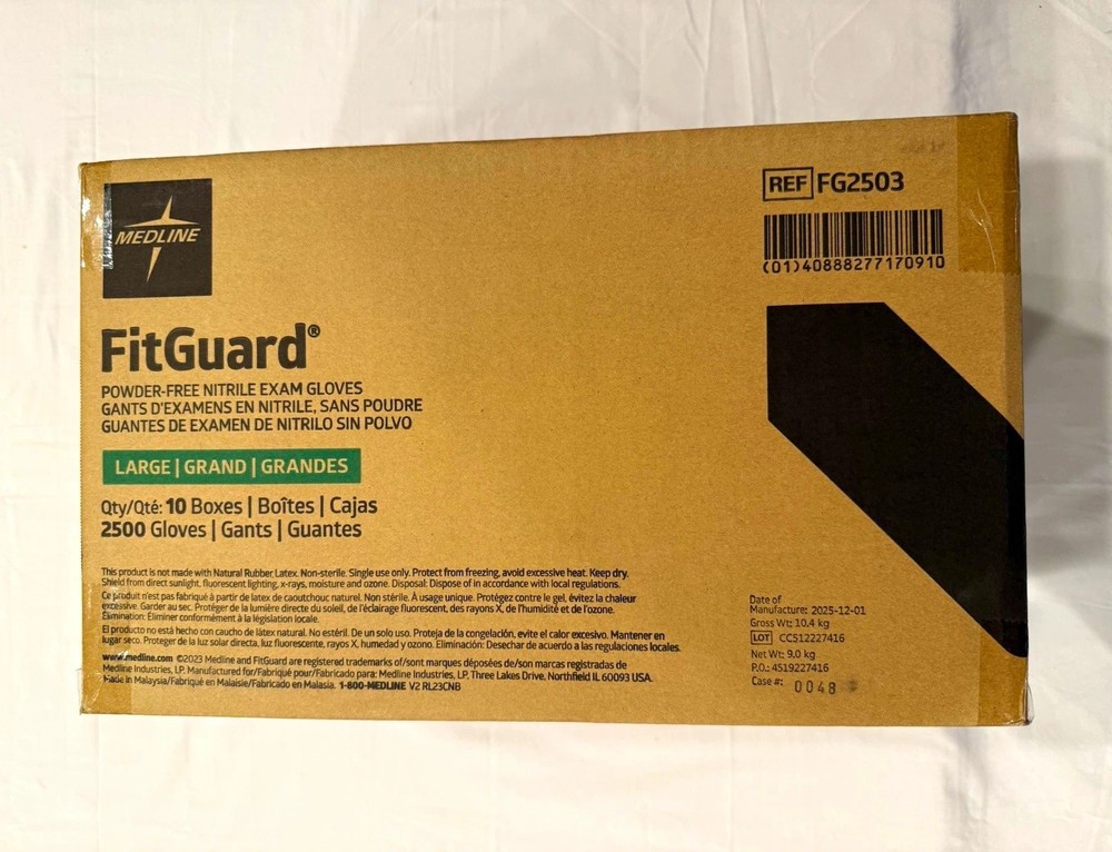 Medline FitGuard Nitrile Powder-Free Exam Gloves Large FG2503 10 Boxes/2500