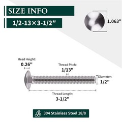 4 Sets 1/213×31/2 Inch Carriage Bolt Kit 304 Stainless Steel Hex Nut