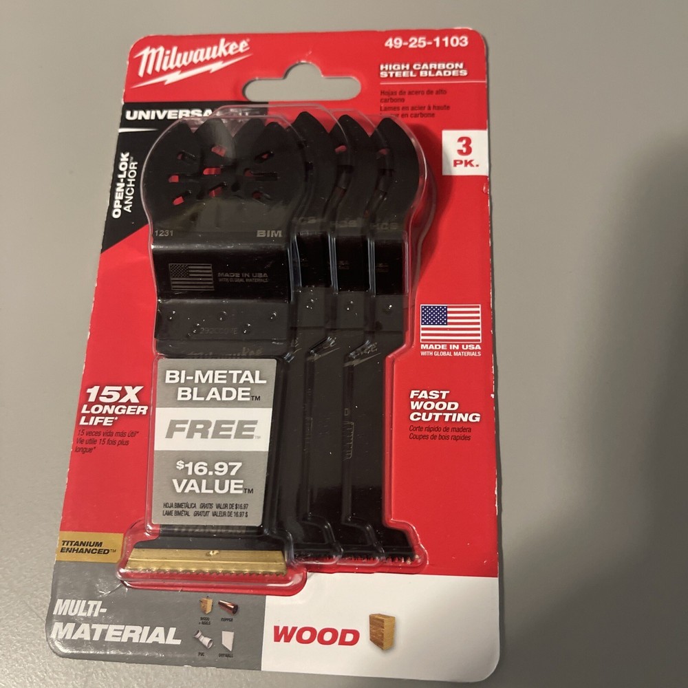 Milwaukee 49-25-1103 Multi Tool High Carbon Steel Blades 3PK + Bi-Metal Blade