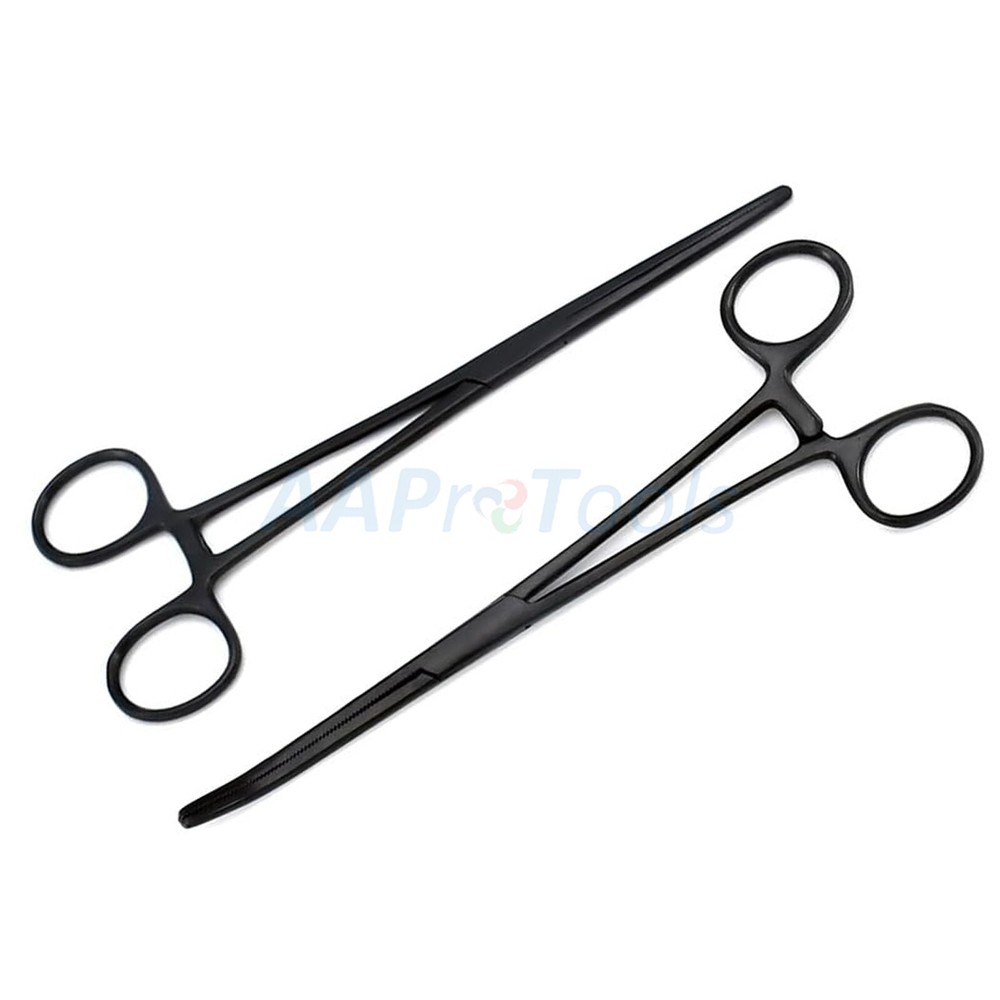 Set Of 2 8″ Long Black Coated Straight & Curved Hemostat Forceps Locking Tweezer