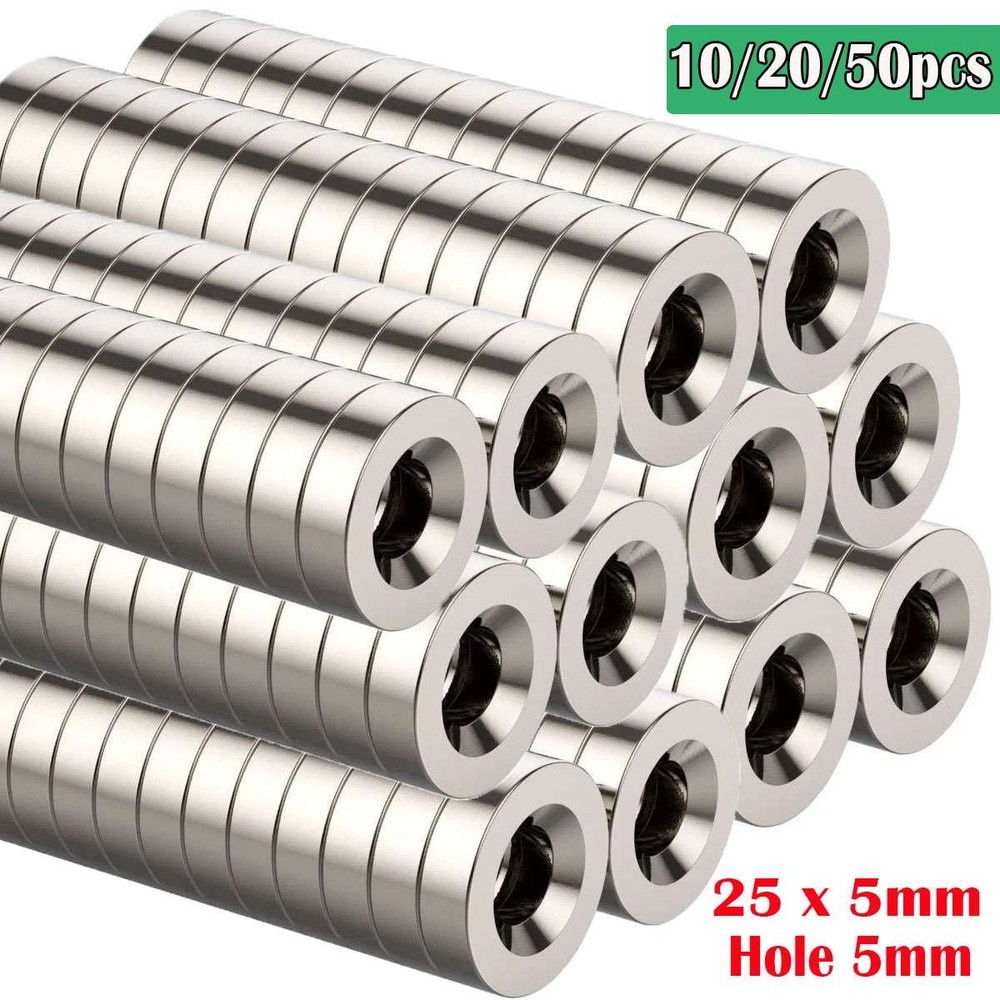 10/20/50X Strong Countersunk Ring Magnets 25 x 5mm Hole 5mm Rare Earth Neodymium