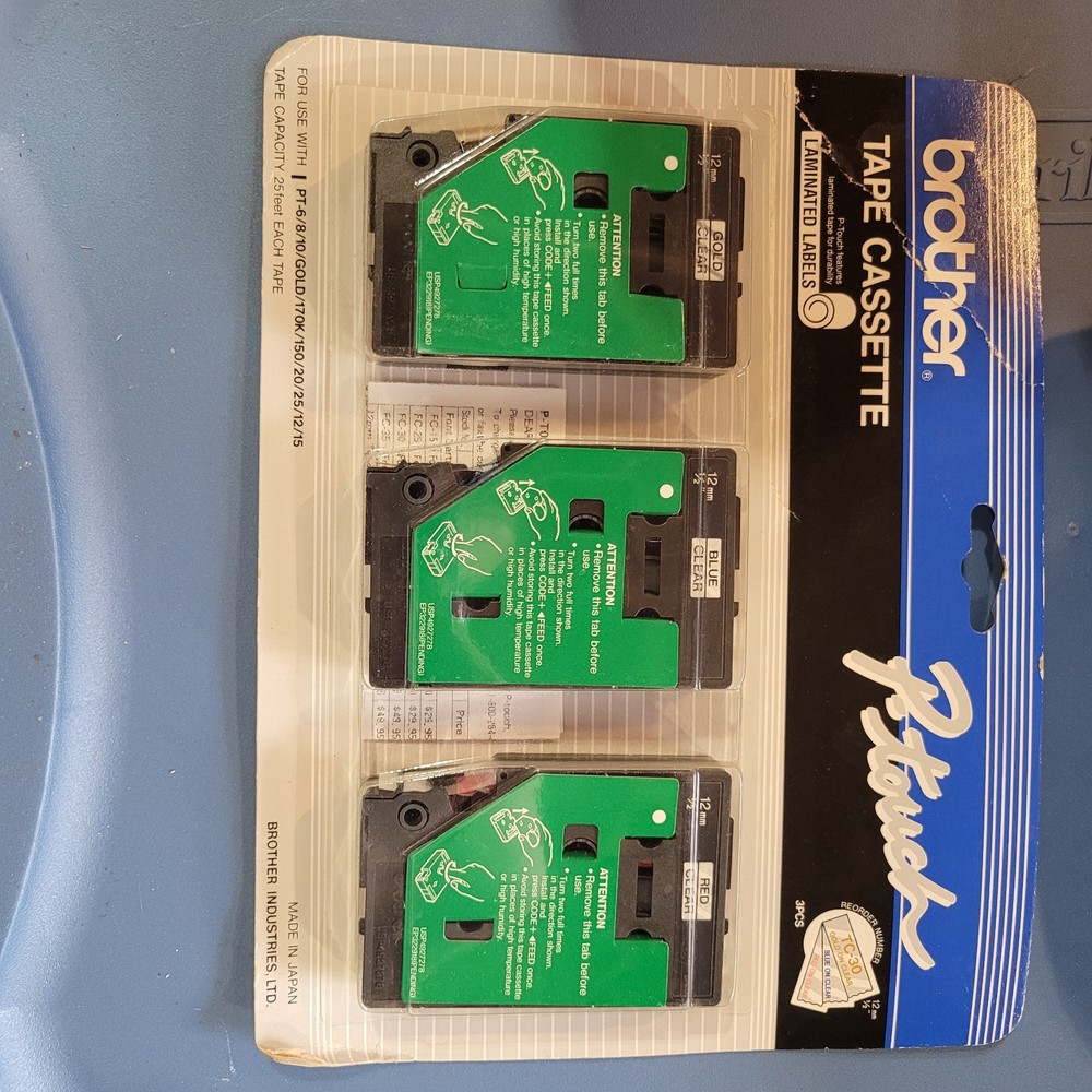 Brother P-Touch TC-30 Gold/ Clear Blue/Clear Red/Clear Tape Cassette 3 PC 12mm
