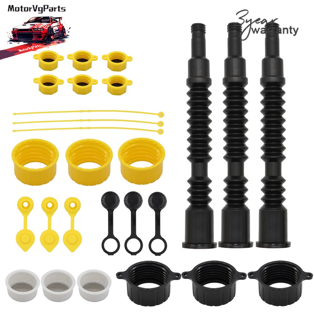 3 Kit Old Style Gas Can Spout Replacement W/Tough Nozzles Screw Collar Vent Caps