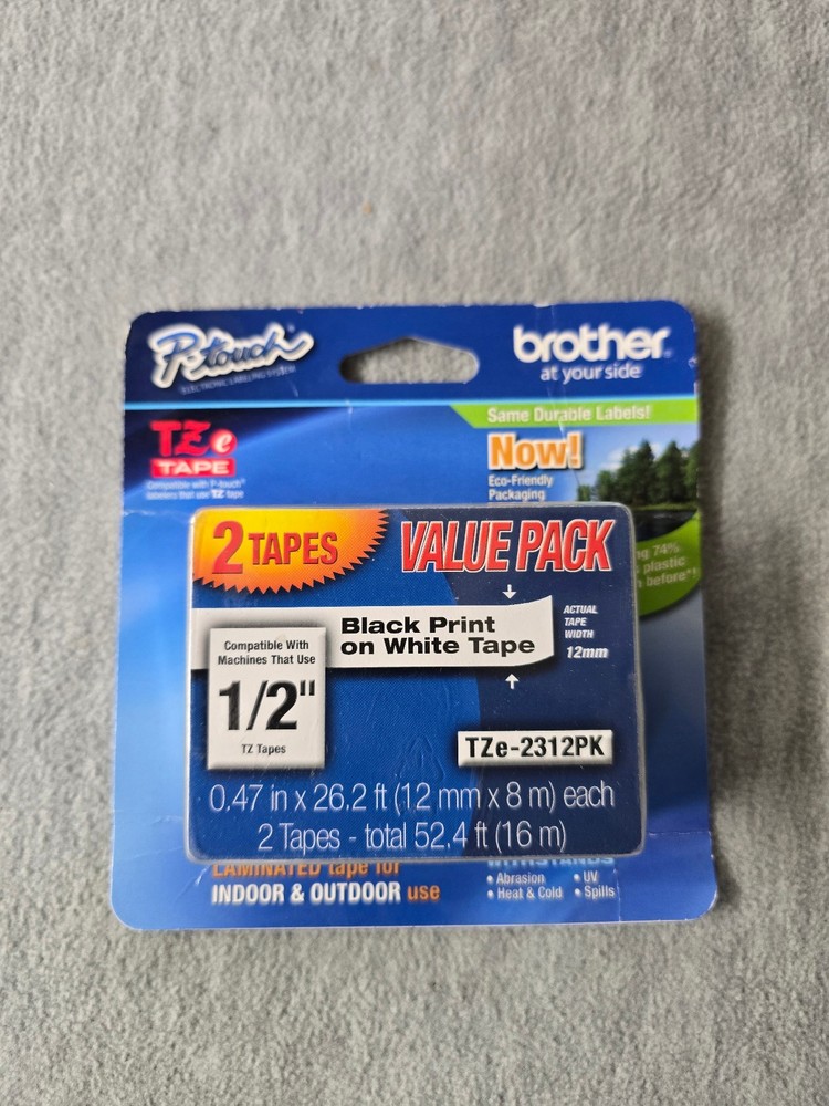 Brother P-Touch TZe2312PK, 2-Pack Black Print on White Tape