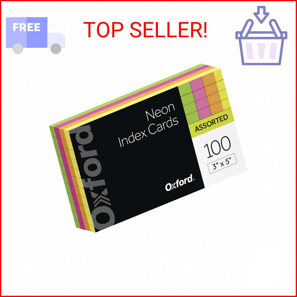 Oxford Neon Index Cards, 3″ x 5″, Ruled, Assorted Colors, 100 Per Pack (40279)