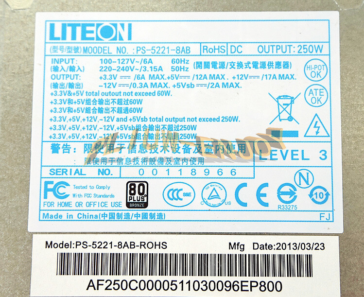 1PC For Yuanxing LITEON PS-5221-8AB 250W Power Supply