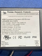 THOMAS RESEARCH LED40W-24-C1670 CONSTANT-CURRENT LED DRIVER, 40W, 12-24VDC