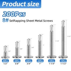 200PCS Sheet Metal Self-Drilling Screws Assortment Kit – #8 Truss Head Stainless