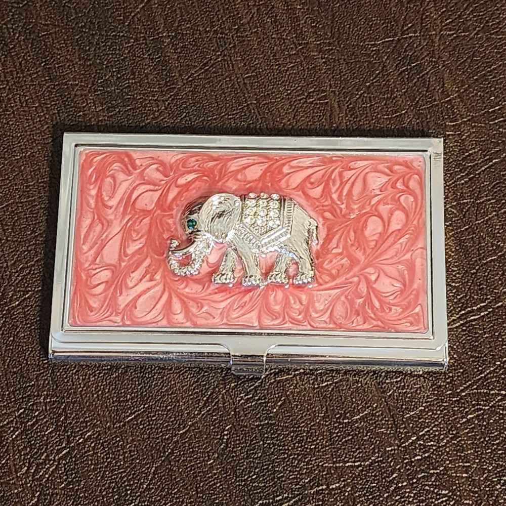 Vintage Pink Elephant Silver Card Holder Green & White Faux Diamonds