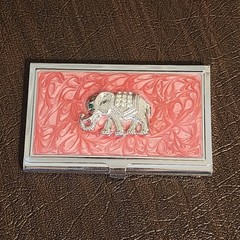 Vintage Pink Elephant Silver Card Holder Green & White Faux Diamonds