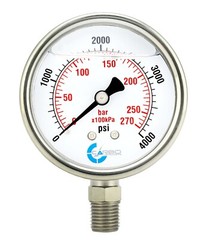 2-1/2″ Pressure Gauge, Stainless Steel Case, Liquid Filled, Lower Mnt 4000 PSI