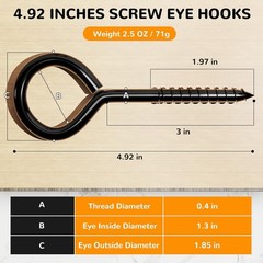2/4 Pack 5 Inch Stainless Steel Eye Bolts Screw in Hooks, Heavy Duty Black Large