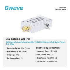 SMA Female Low Noise Amplifier (LNA), 30dB Gain, 1.5dB Noise Figure, 0.5 – 8GHz