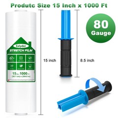 80 Gauge Clear Stretch Wrap Film Roll 15 Inch x 1000 Ft Handles Packing