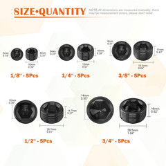 25 Pcs Carbon Steel Pipe Plugs Assortment Set with 1/8″ 1/4″ 3/8″ 1/2″ 3/4″ NPT