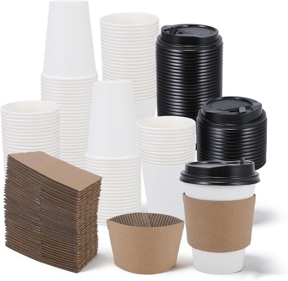 Coffee Cups, 50 Pack 12 oz Disposable Coffee Cups with Lids and Sleeves,