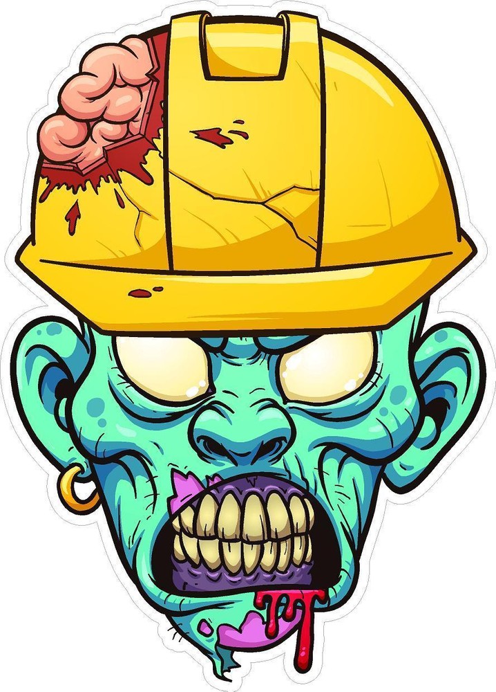 3 – Blue Zombie Head w/ Hard Hat 2″ Tool Box Hard Hat Helmet Sticker H169