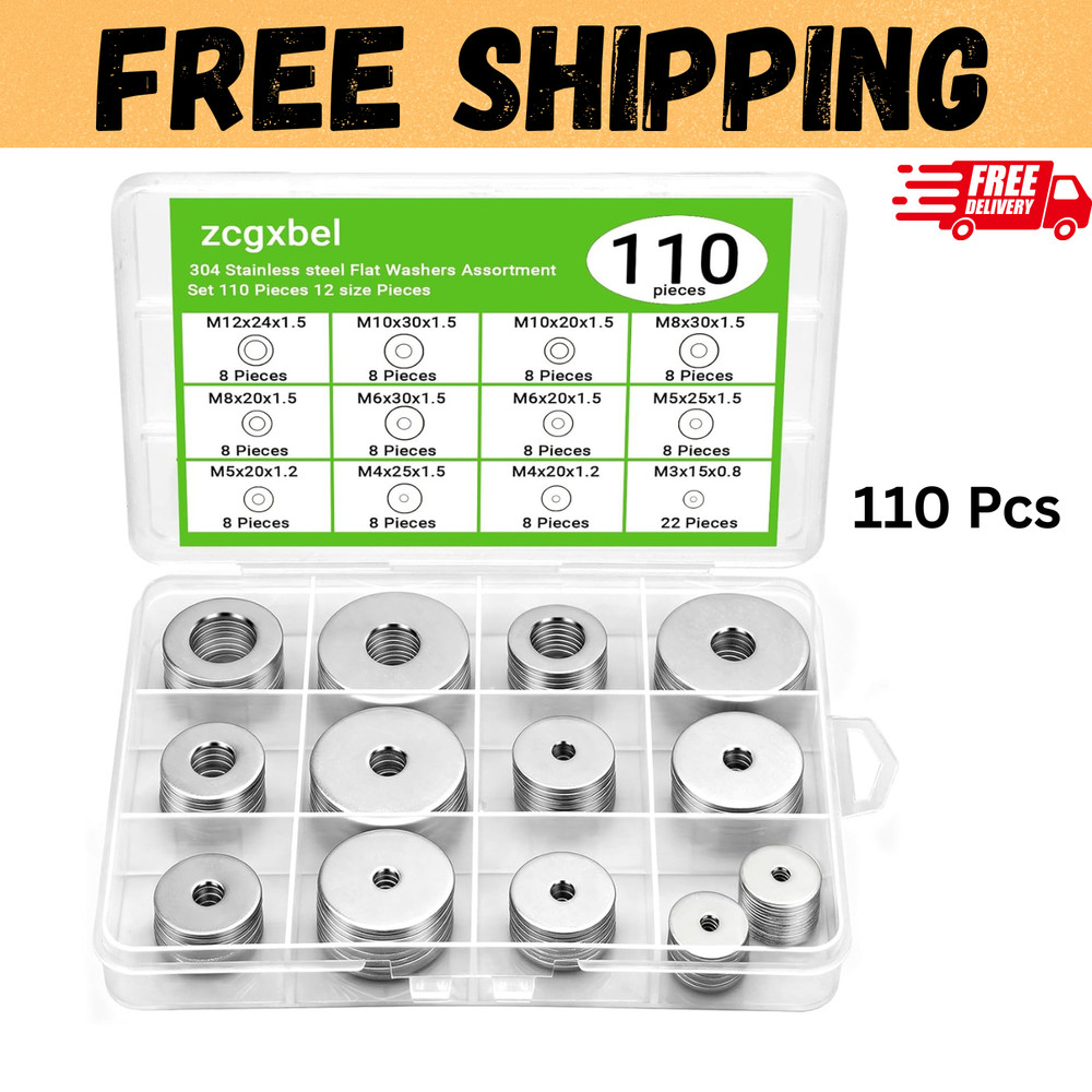 108Pcs 304 Stainless Steel Flat Washers, Fender Washers Assortment Kit 12 Sizes