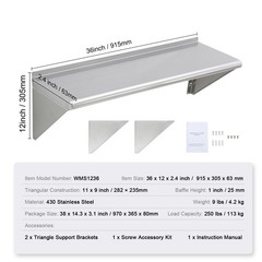 Uimoso 36″ x 12″ Stainless Steel Wall Mounted Shelf Kitchen Restaurant Shelving