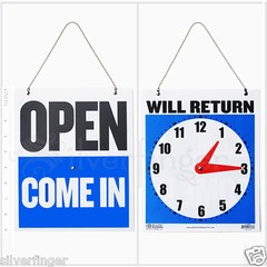 • OPEN CLOSED Sign / WILL RETURN • CLOCK : Business Hours —Hanging 2-Sided 9×7½”
