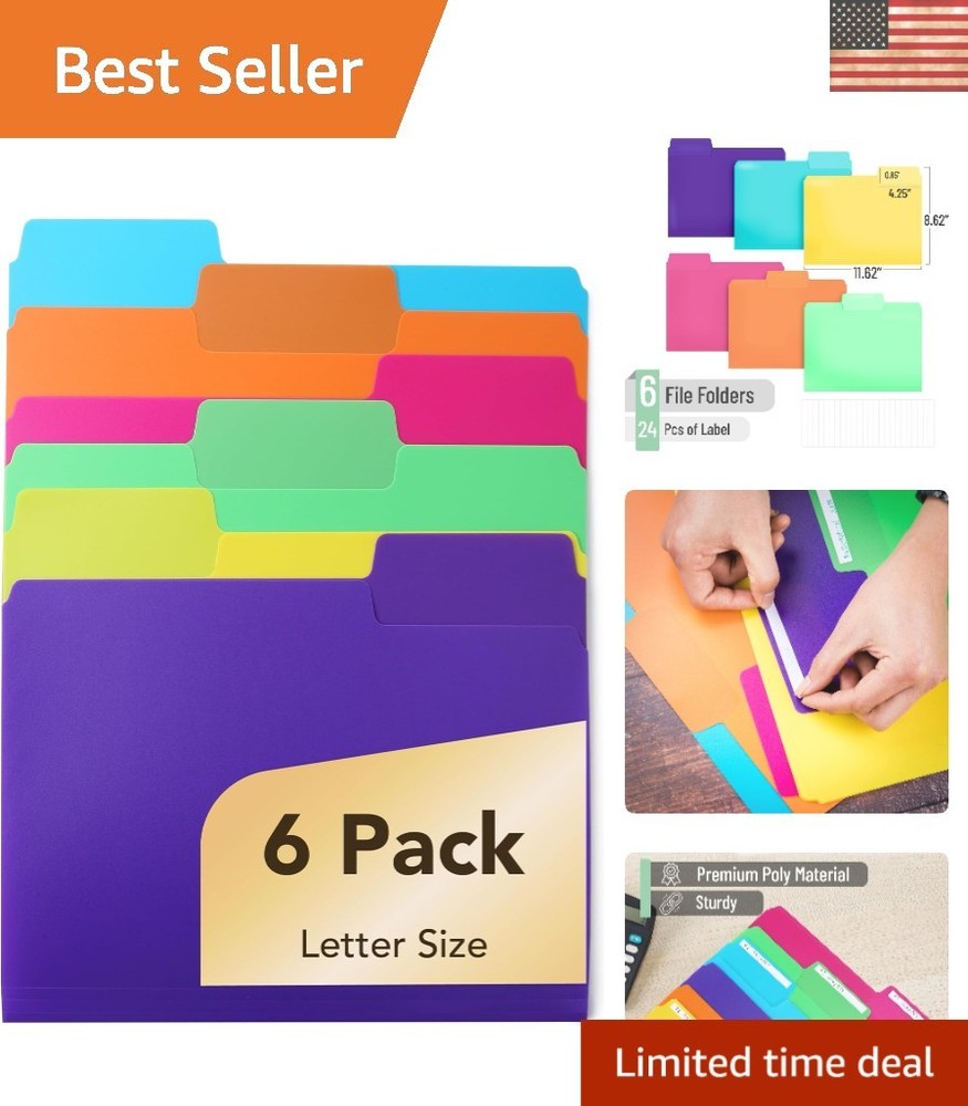 Vibrant 1/3 Cut Tab File Folders – 6 Pack with Labels for Versatile Use