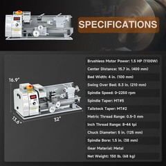 CREWORKS 8×16″ Mini Metal Lathe Brushless 1100W 2250rpm 2-Chucks Tool Bundle