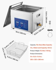 VEVOR Ultrasonic Cleaner 15L-Class Ultrasonic Parts Cleaner 40kHz for Glasses