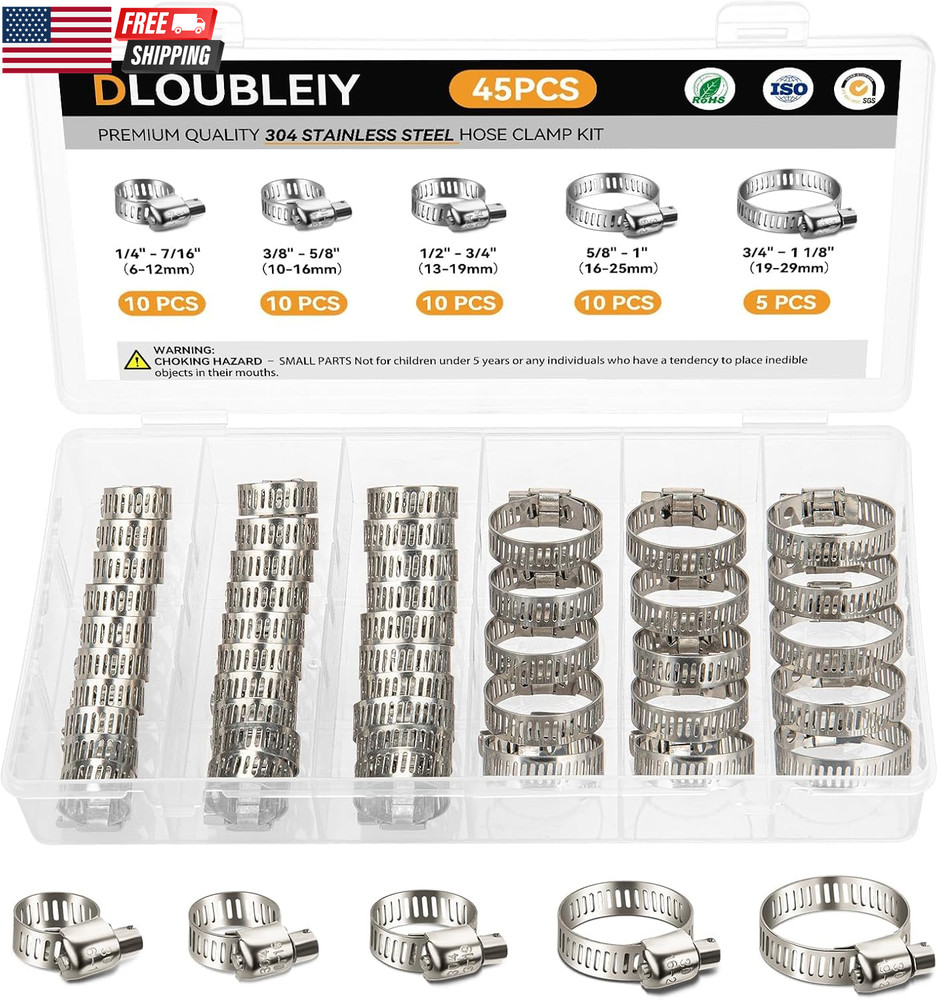 45PCS Hose Clamp Assortment Kit – Stainless Steel Hose Clamps with Worm Gear, Ad